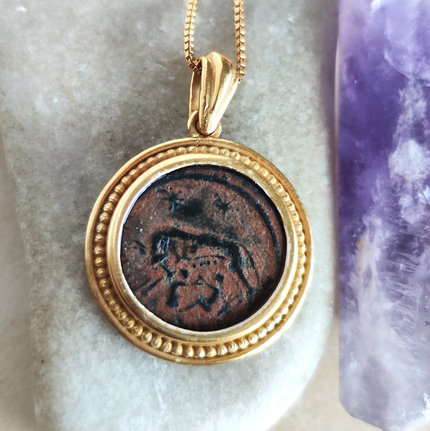 Romulus & Remus Coin Pendant: Genuine Roman Bronze, Gold Plated Sterling Silver Barr Designs