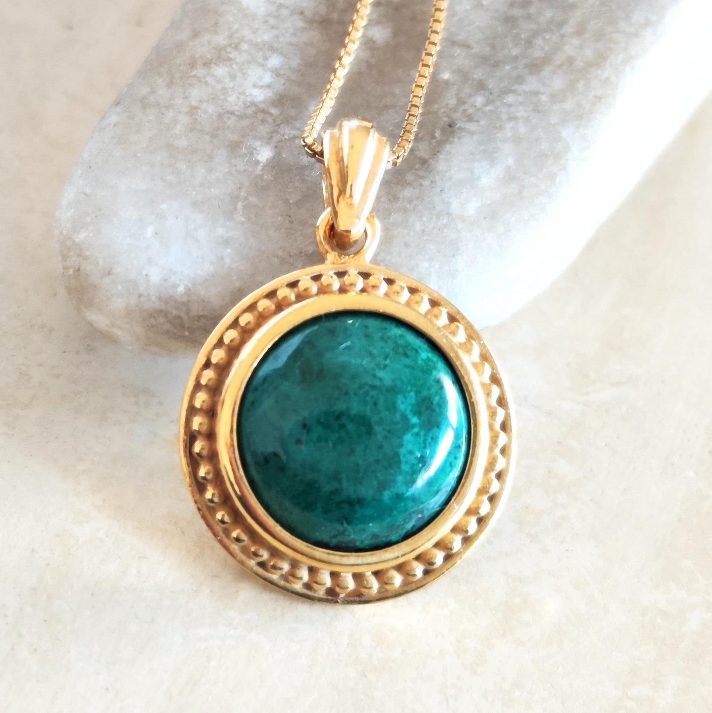 Eilat Stone Gold Plated Necklace, Green Turquoise Pendant, King Solomon Mines stone, Israeli Jewelry, Chrysocolla Malachite mineral gemstone