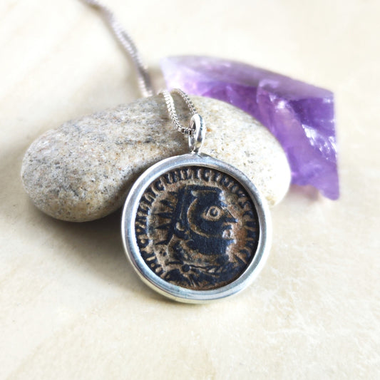 Coin necklace for men, Genuine Roman coin silver necklace, Emperor Licinius bronze coin pendant, vintage style jewelry, Antique unisex charm
