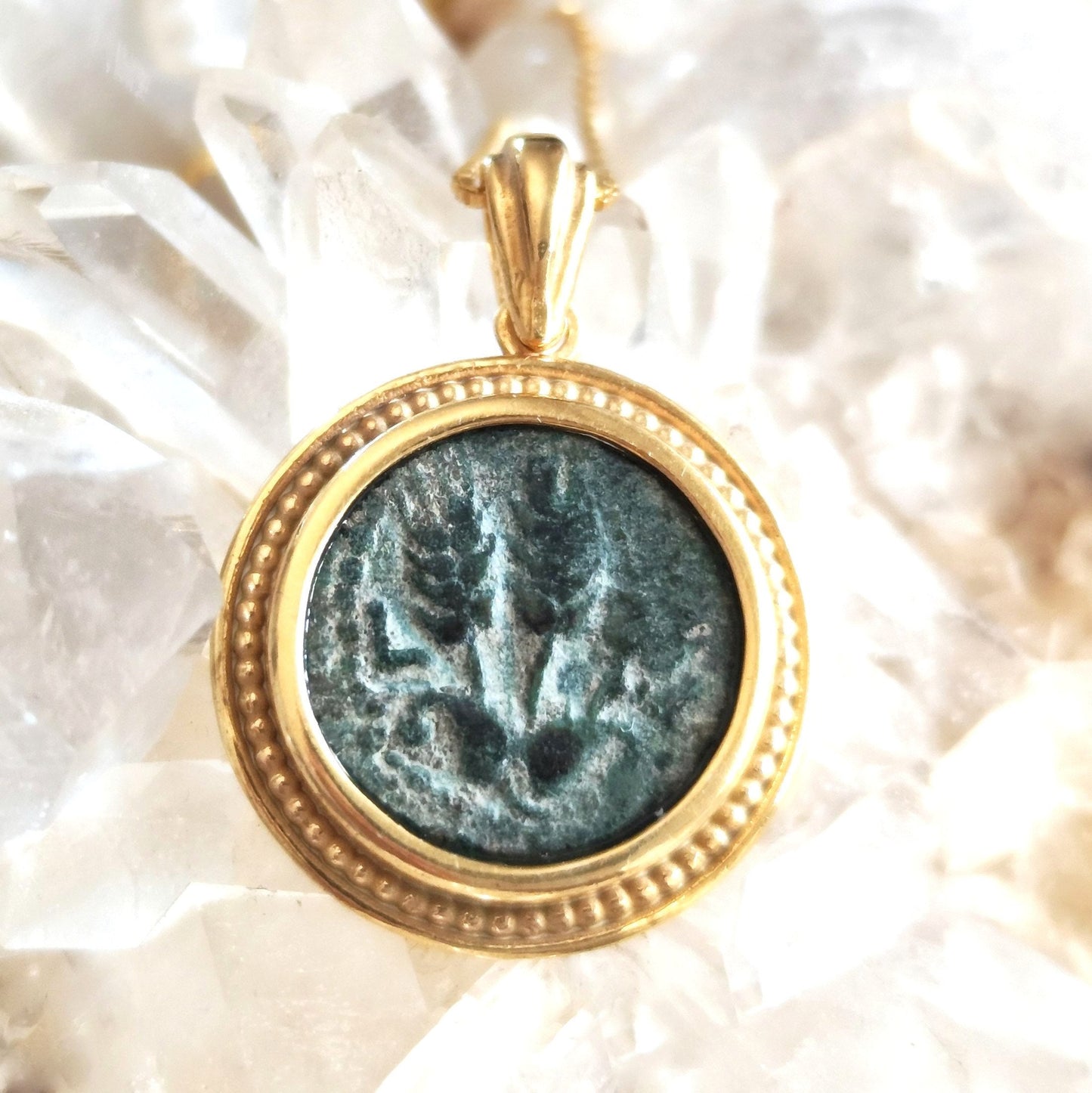 Ancient Jewish King Herod Agrippa bronze coin necklace, Herodian Roman coin gold plated Pedant, vintage coin medallion, Jewish Judea pendant