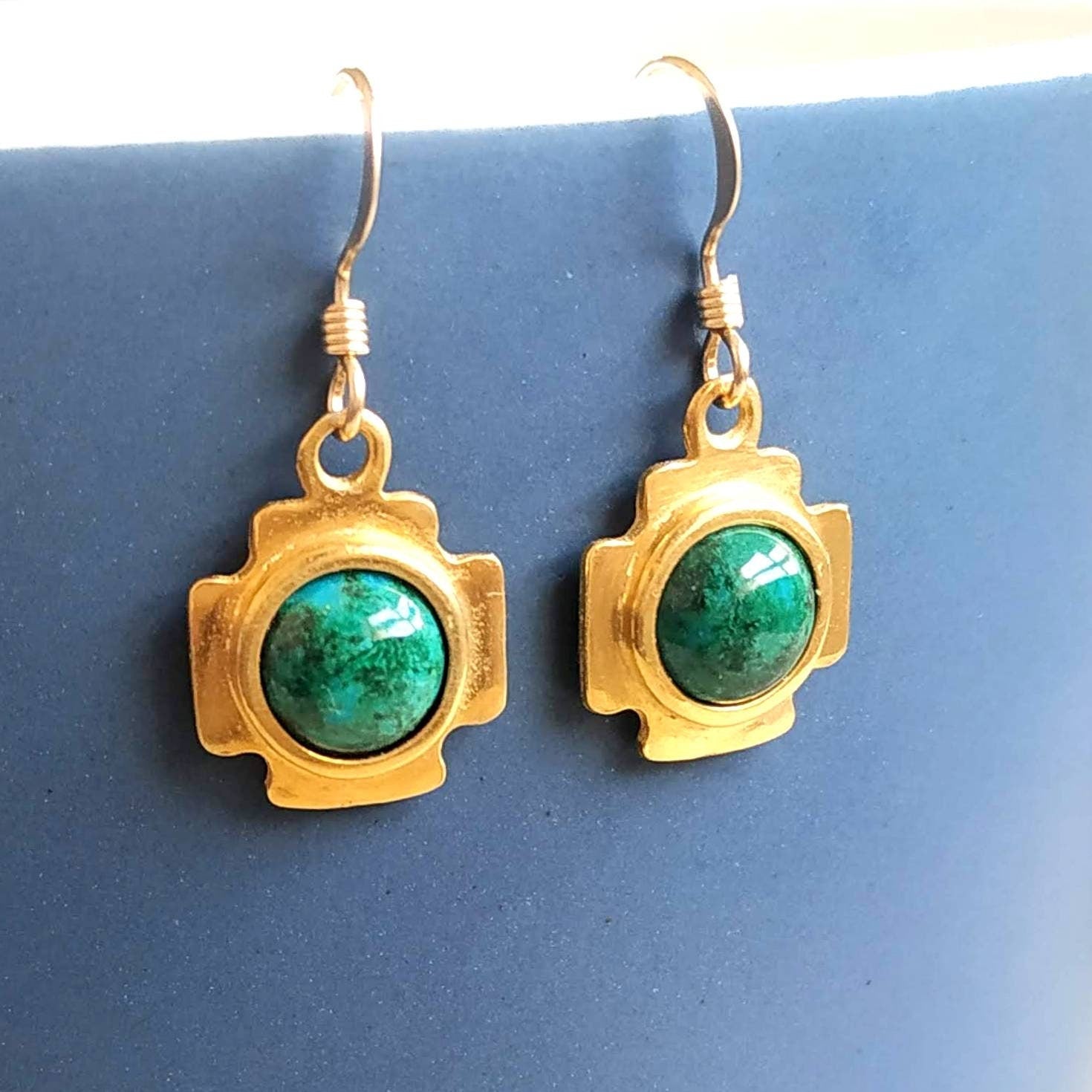 Jerusalem Cross Eilat Stone Earrings: Green Gemstone Religious Earrings, Gold Plated Barr Designs