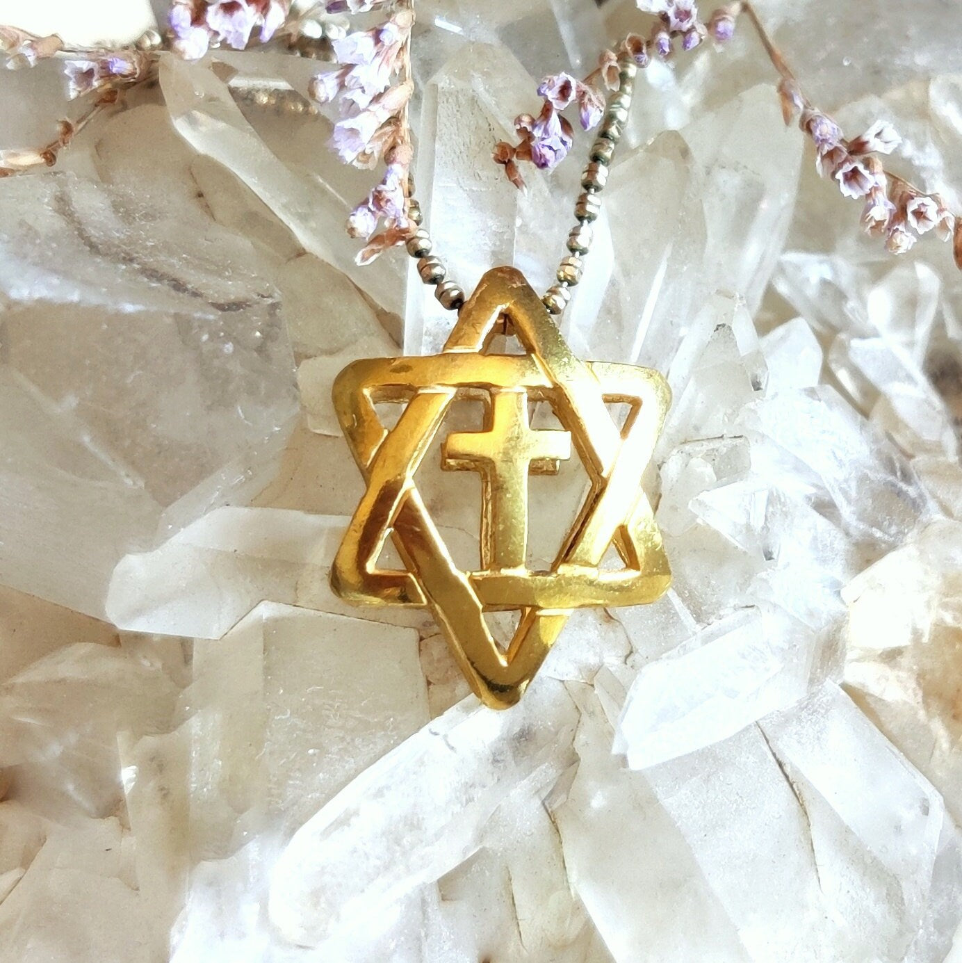 Messianic Interfaith Jewelry, Gold Plated Star of David Cross Necklace Barr Designs