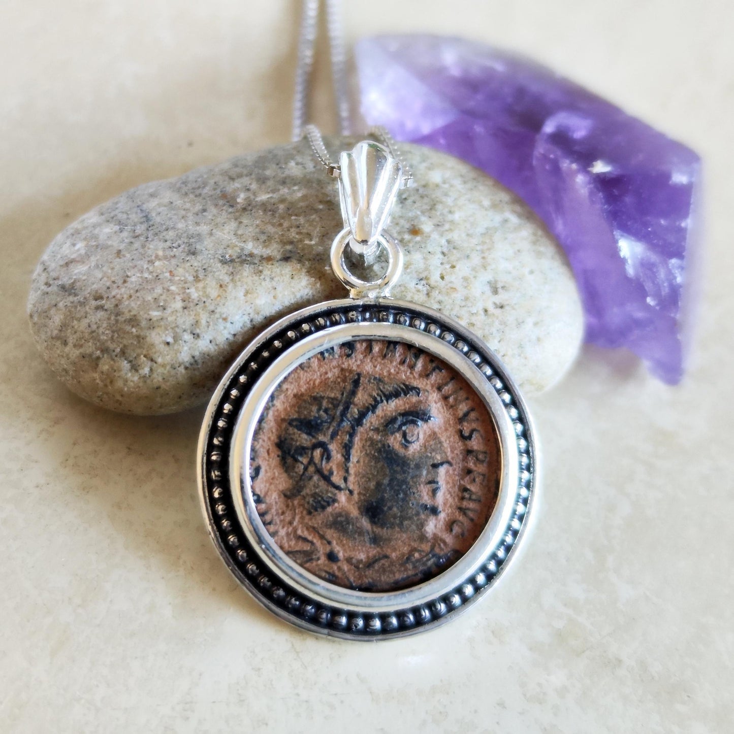 Genuine Roman Coin Pendant, Emperor Constantine I Roman Coin Necklace, Ancient Coin Necklace, Vintage Jewelry, Roman God Jupiter