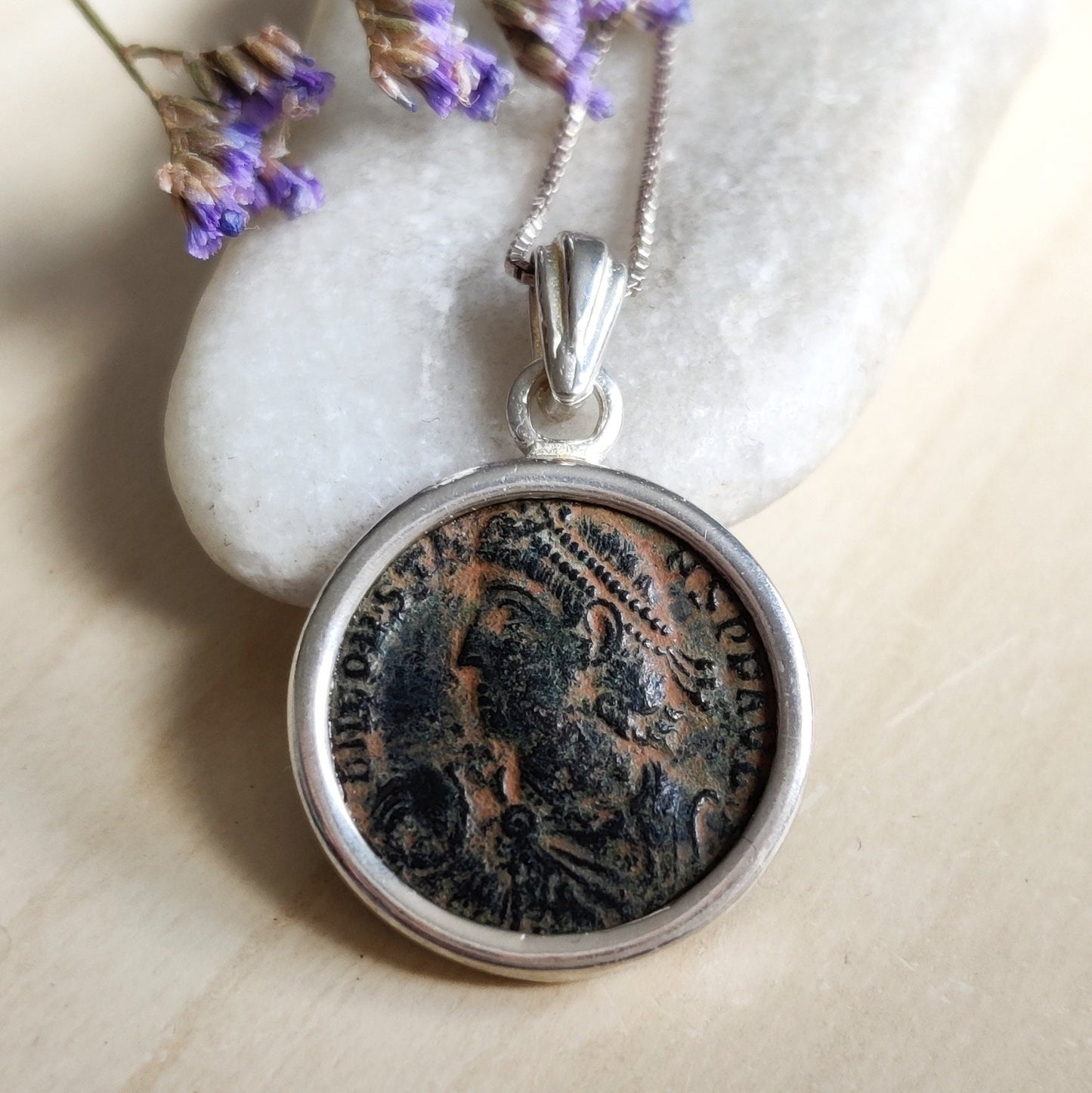 Authentic Roman coin necklace, Antique Constantine son bronze follis silver medallion, men women pendant, Ancient jewelry, unisex gift idea