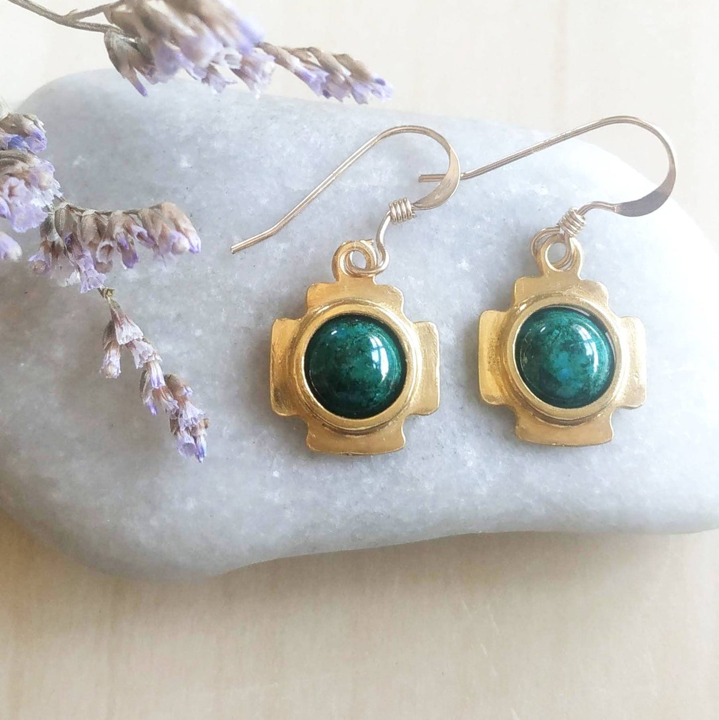 Jerusalem Cross Eilat Stone Dangle Earrings, Christian Gold Plated Gemstone Earrings, Green Malachite Chrysocolla Cabochon, Israeli Jewelry