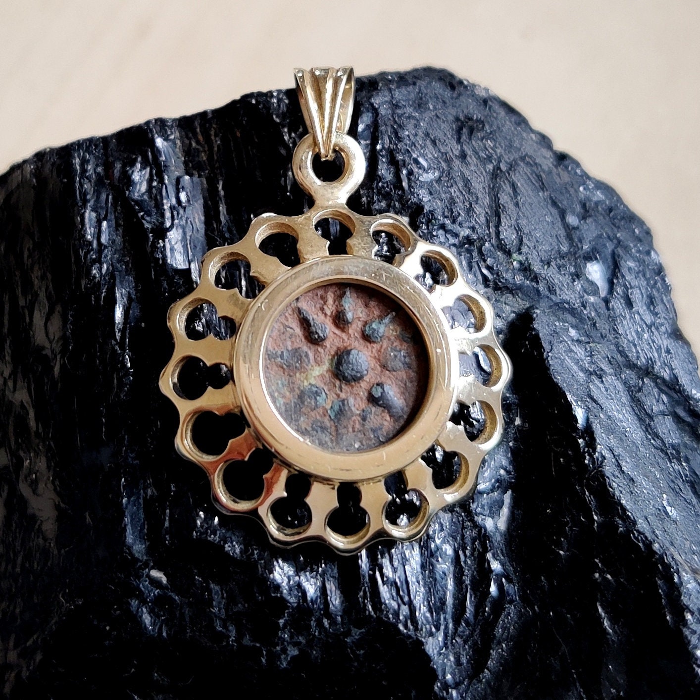Widow's Mite Coin set in 14K Gold Pendant, Authentic Ancient Christian Coin Medallion, New Testament Mark 12:41 Coin, Christian Gift idea
