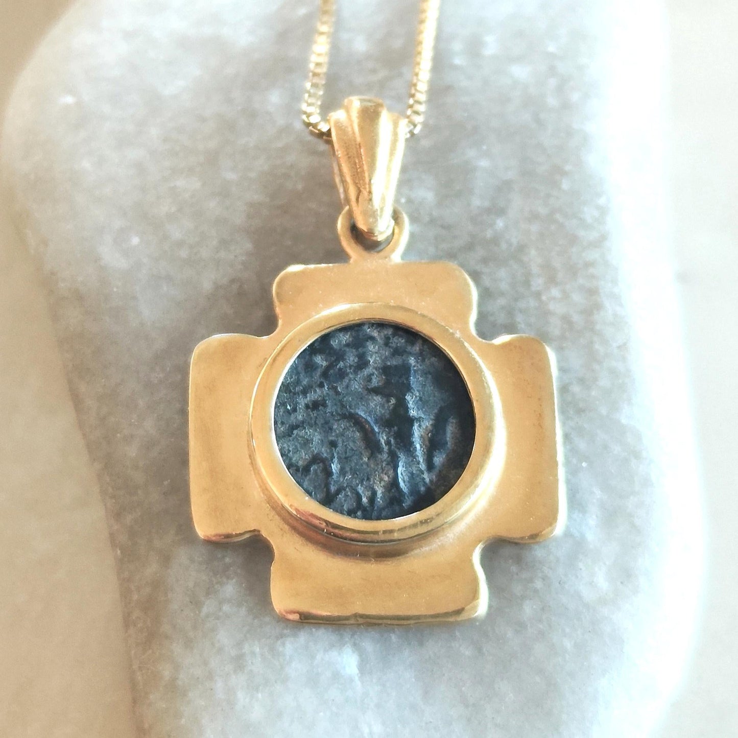 Antique Widow's Mite Coin Necklace: Jerusalem Cross, 18K Gold Plated Sterling Silver Barr Designs