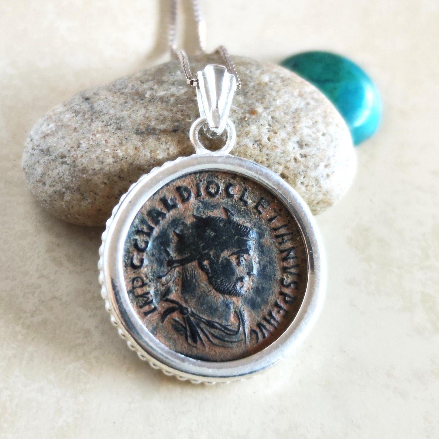 Authentic Certified Roman Emperor Diocletian Coin Necklace, Antique Silver Unisex Medallion Barr Designs