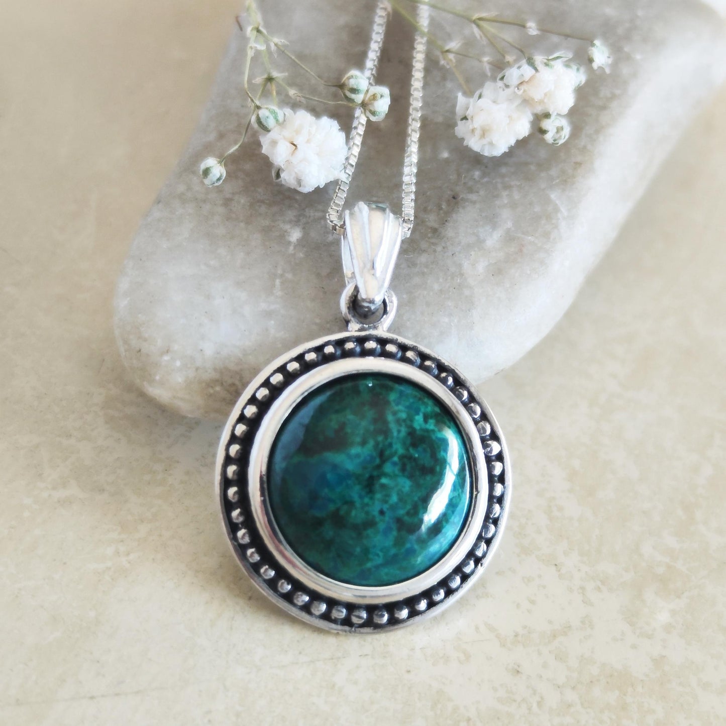 Multicolor Eilat Stone Silver Pendant, Turquoise Green gemstone jewelry, Round cabochon Blue necklace, Israeli jewelry, King Solomon Stone