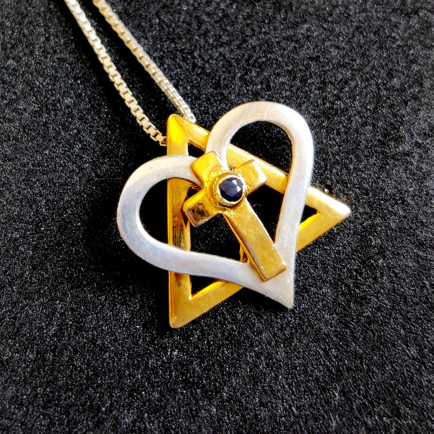 Silver and Gold Star of David cross necklace, interfaith Messianic Jewish Christian pendant, Blue Sapphire heart pendant, born again jewelry