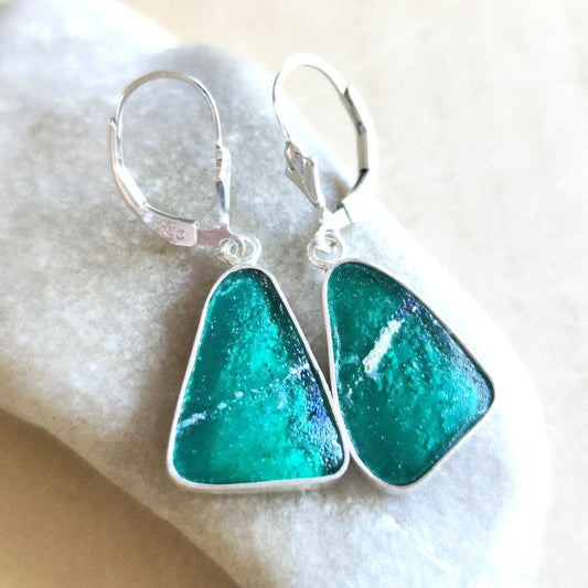 Ancient Roman Glass Earrings, Green Purple peacock Triangle Drop Earrings, Israeli jewelry, Silver Glass Dangle Earrings, Statement Earrings