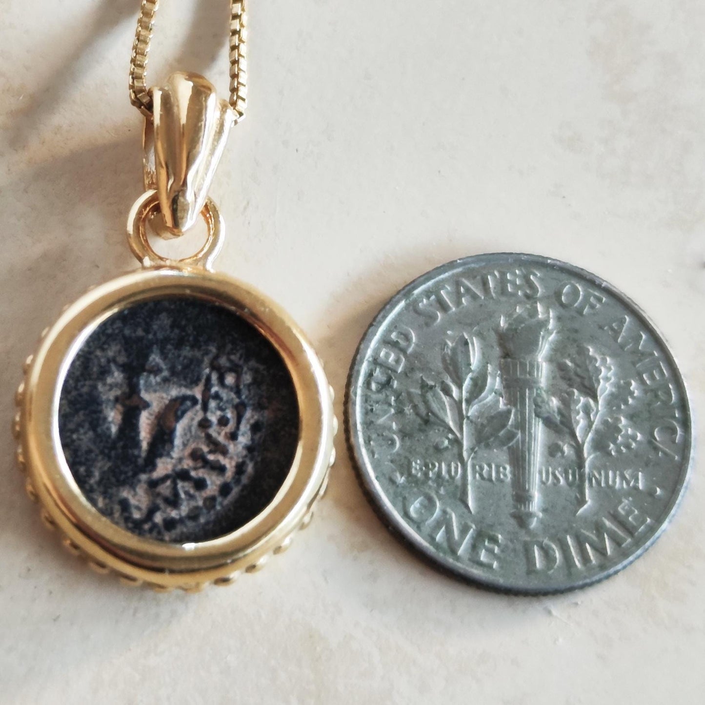 Mark 12:41 Genuine widow's mite Coin Pendant, Biblical Coin Gold Plated Small Necklace Barr Designs