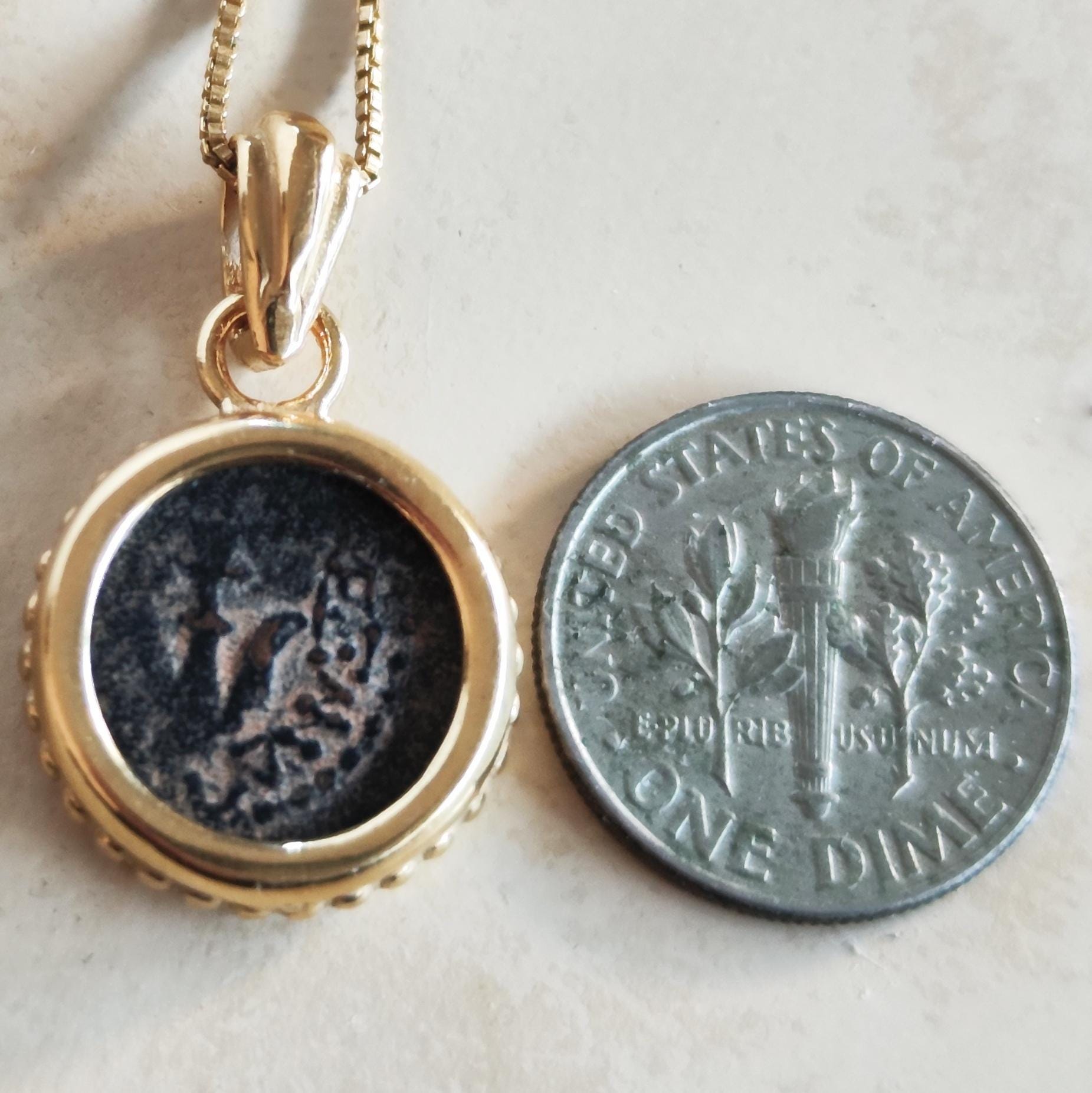 Mark 12:41 Genuine widow's mite Coin Pendant, Biblical Coin Gold Plated Small Necklace Barr Designs