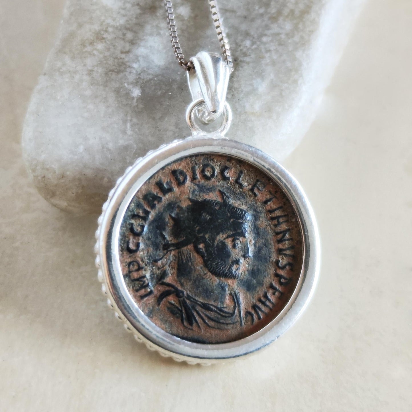 Authentic Certified Roman Emperor Diocletian Coin Necklace, Antique Silver Unisex Medallion Barr Designs