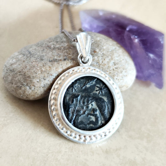 Authentic Roman Romulus & Remus coin necklace, Ancient history Silver medallion, unisex jewelry, antique Constantine She wolf bronze coin