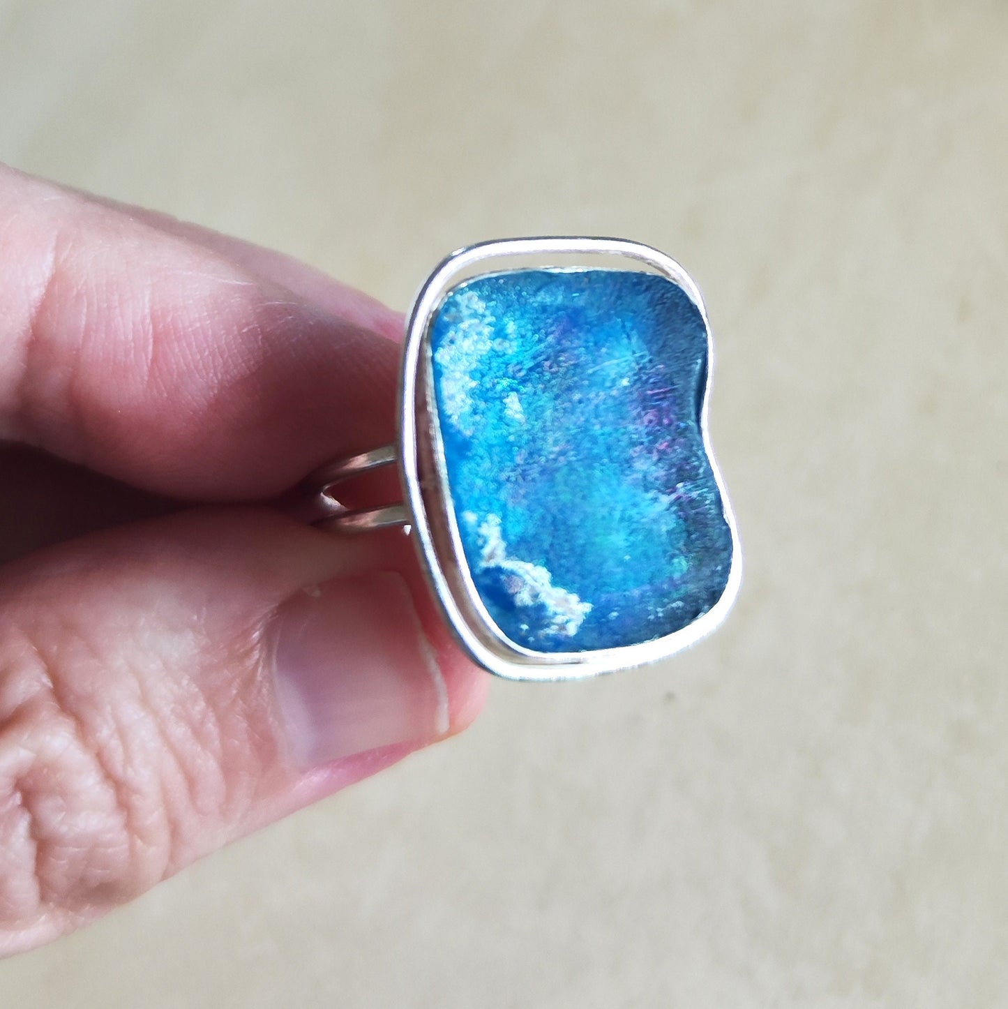 Ancient Roman Glass Silver Adjustable Ring, Iridescent Roman Glass Ring, Blue Pink Glass ring, Israel holy land jewelry