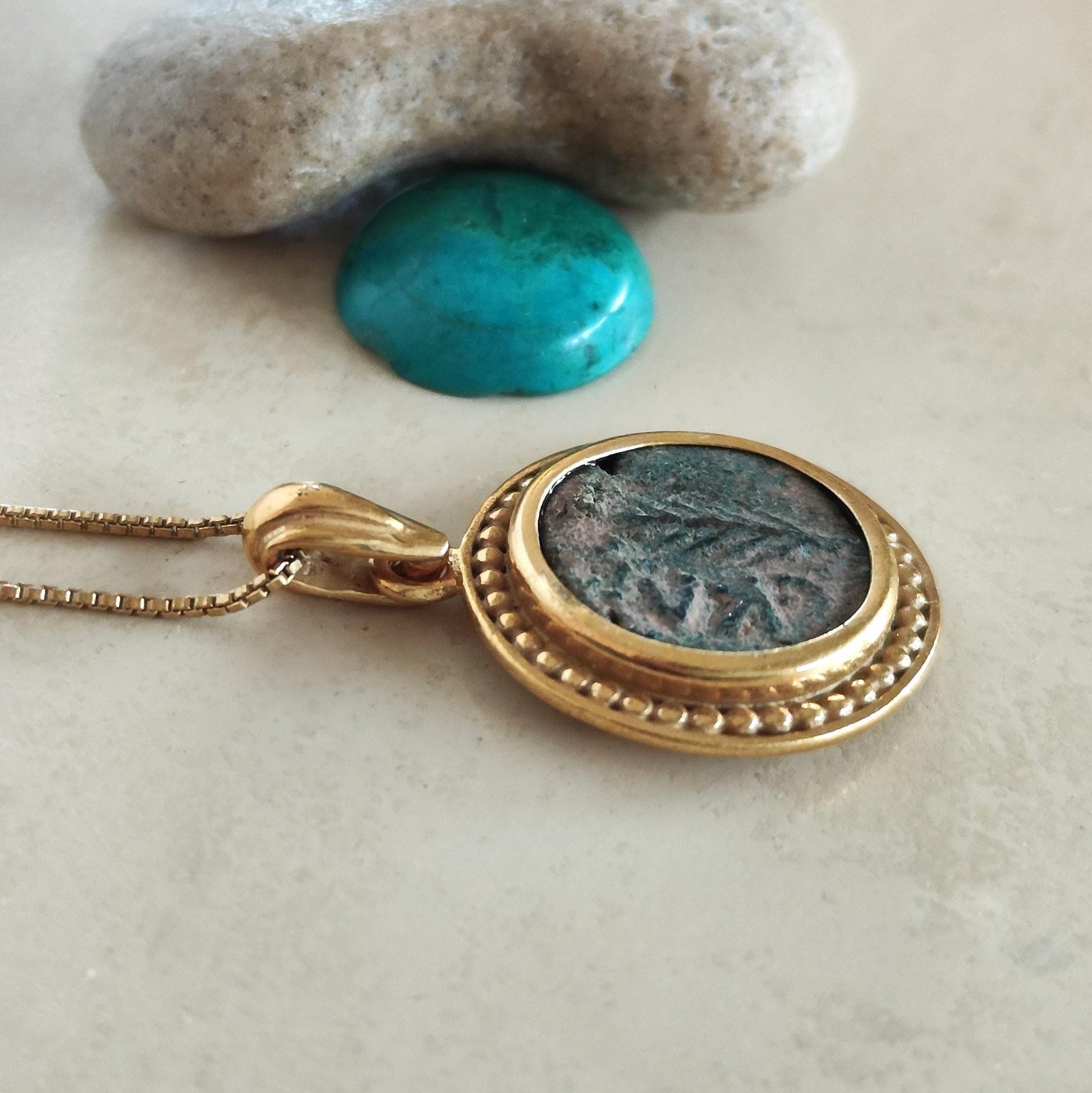 Ancient Roman Nero Coin Necklace: 18K Gold Plated Sterling Silver, Palm Branch Prutah Barr Designs