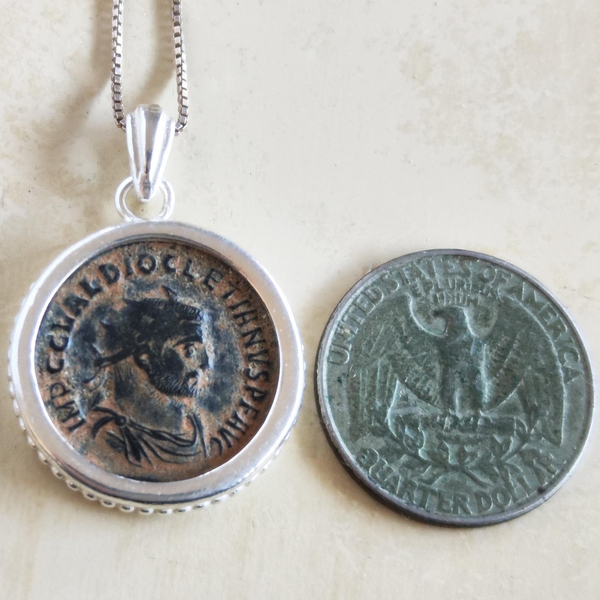 Authentic Certified Roman Emperor Diocletian Coin Necklace, Antique Silver Unisex Medallion Barr Designs