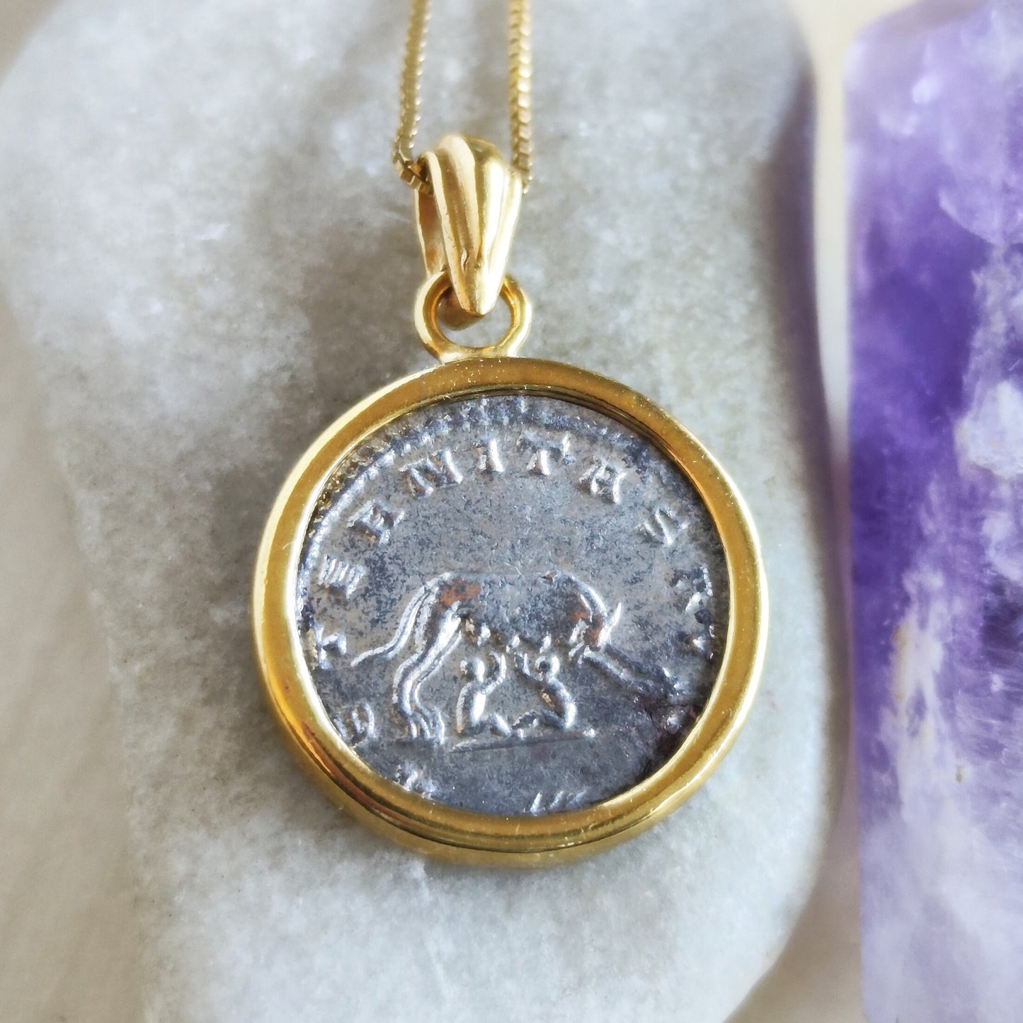 Antique Roman Romulus & Remus with She Wolf Coin Necklace, Ancient  Emperor Gallienus coin Pendant , Vintage Gold Plated Medallion Jewelry