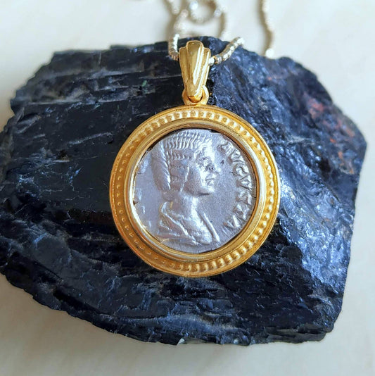 Silver Coin Necklace, Ancient Empress Julia Domna Coin Gold Plated Medallion, Women of the Roman empire Pendant, vintage style Gift for Her