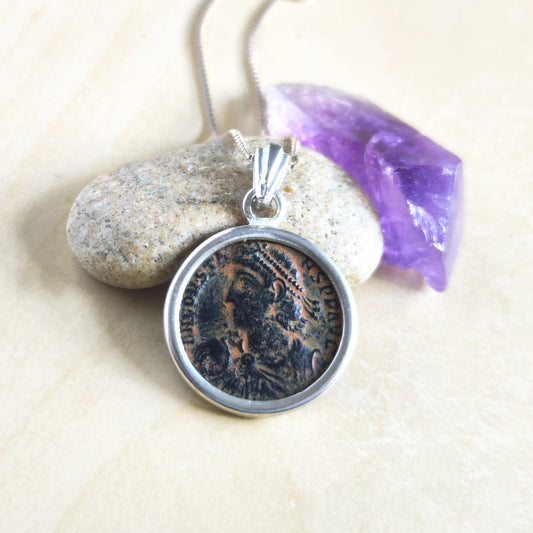 Authentic Roman coin necklace, Antique Constantine son bronze follis silver medallion, men women pendant, Ancient jewelry, unisex gift idea
