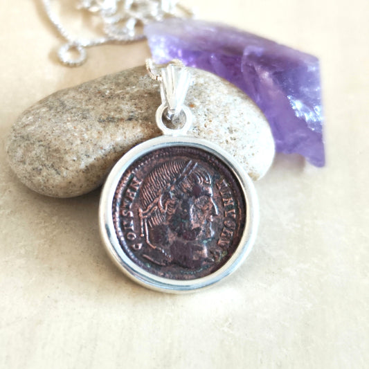Constantine the Great Silver Pendant, Christian Coin Necklace, Roman Coin Medallion, Ancient Coin Necklace, Antique Coin Vintage Gift
