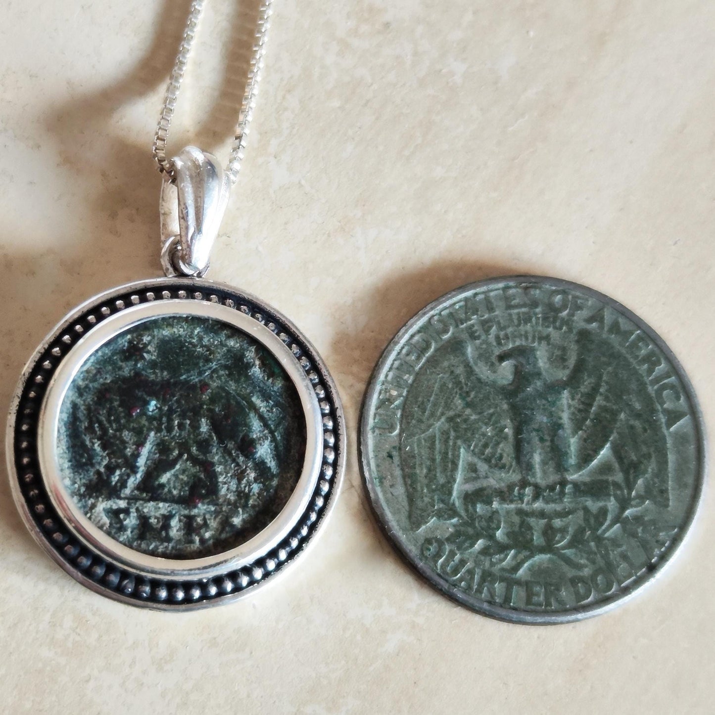 Authentic Roman Romulus & Remus coin necklace, Ancient history Silver medallion, unisex jewelry, antique Constantine She wolf bronze coin