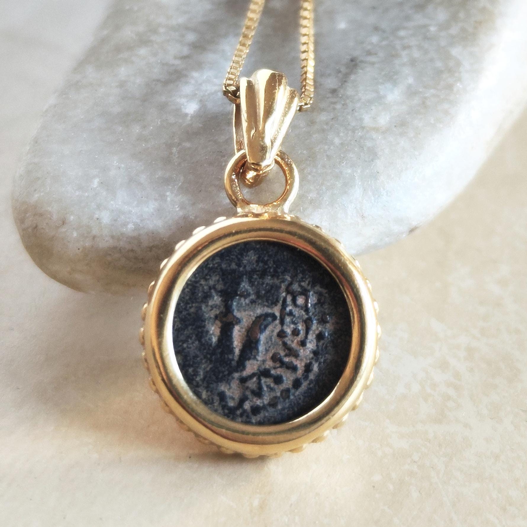 Mark 12:41 Genuine widow's mite Coin Pendant, Biblical Coin Gold Plated Small Necklace Barr Designs