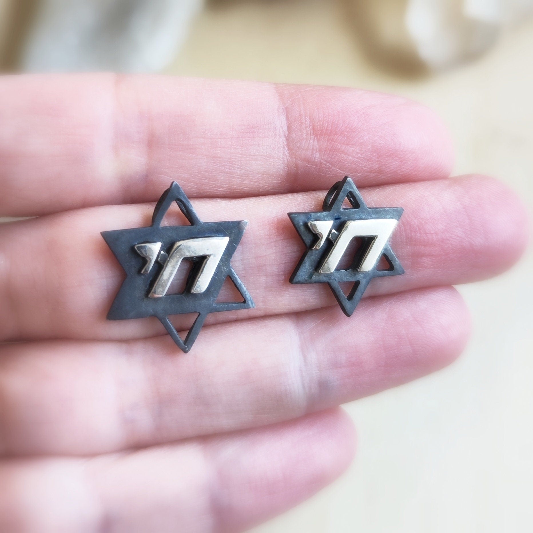 Two-Tone Star of David Chai Necklace: Sterling Silver Jewish Pendant Barr Designs
