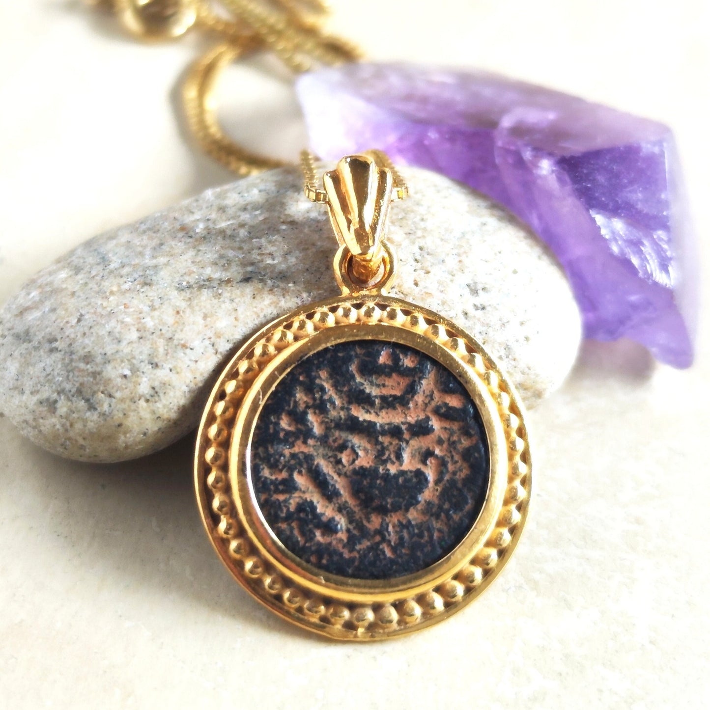 Ancient Masada Coin necklace, First Jewish Revolt Real Bronze Prutah Pendant, Jerusalem Second Temple coin, Roman Amphora Grape Leaf