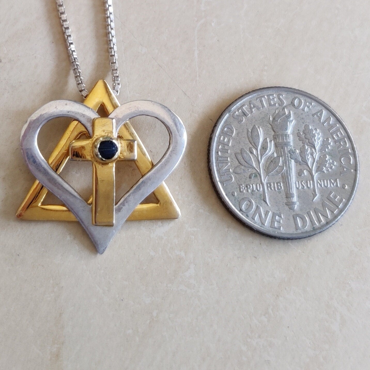Silver and Gold Star of David cross necklace, interfaith Messianic Jewish Christian pendant, Blue Sapphire heart pendant, born again jewelry