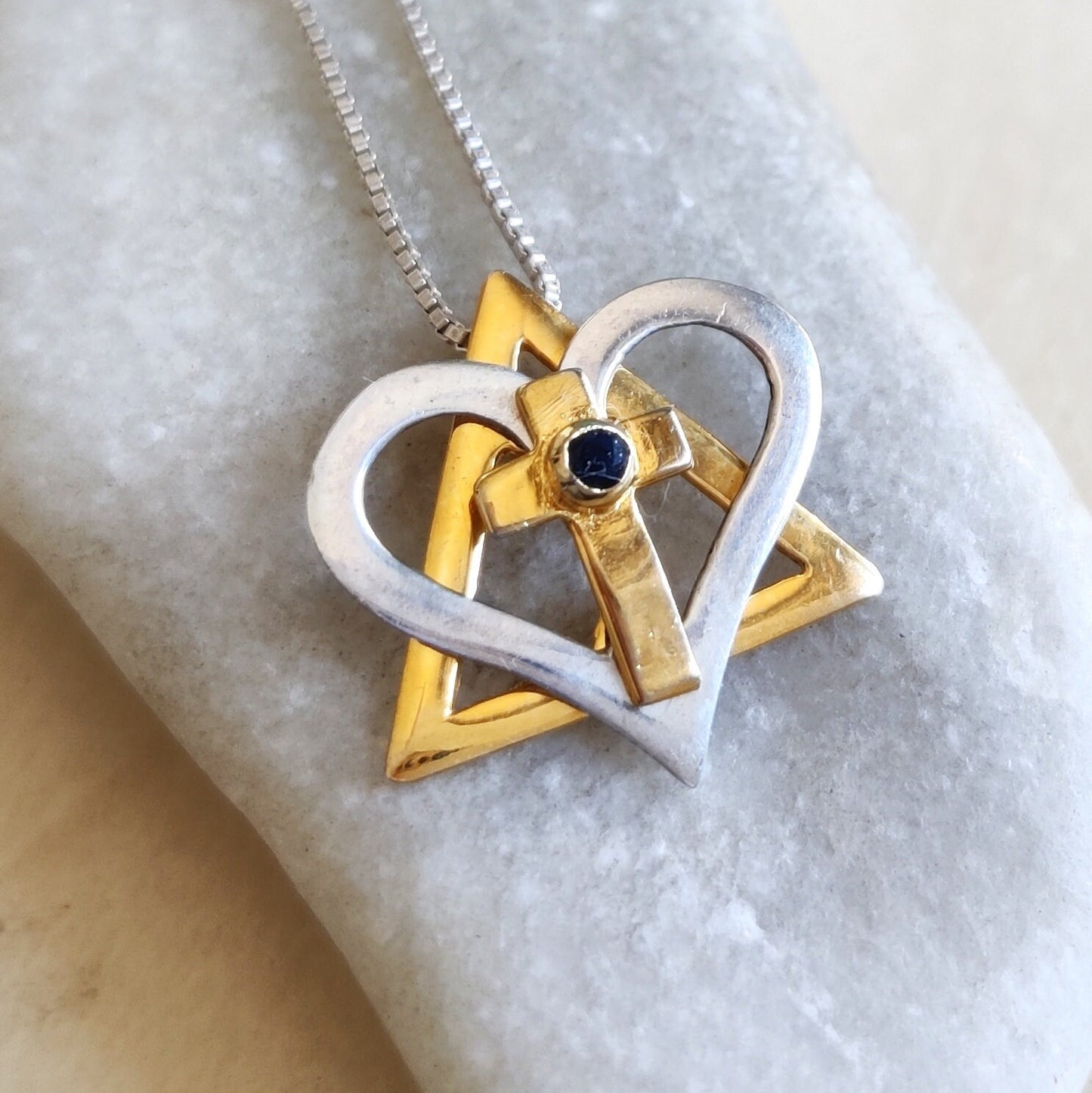 Silver and Gold Star of David cross necklace, interfaith Messianic Jewish Christian pendant, Blue Sapphire heart pendant, born again jewelry