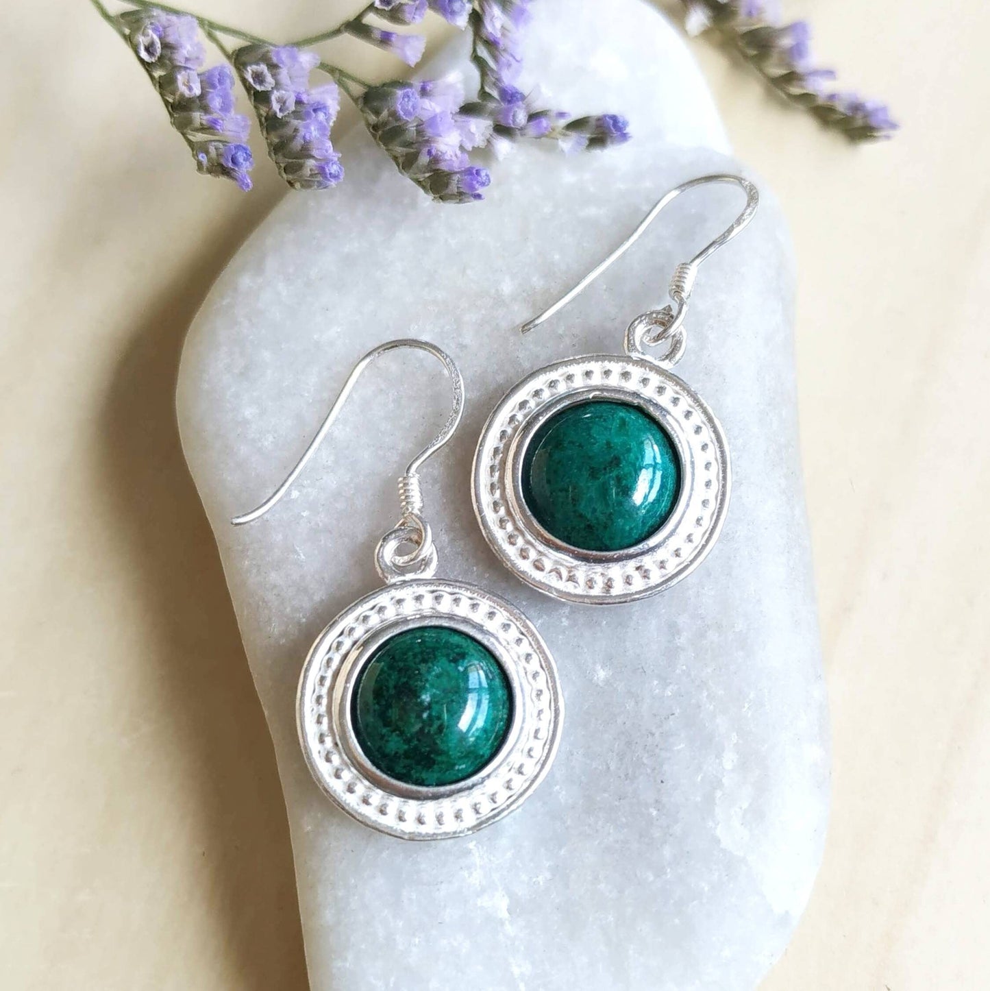 Eilat Stone Silver dangle Earrings, Green gemstone Earrings, King Solomon mine stone minerals, Israeli jewelry, Malachite round Earrings