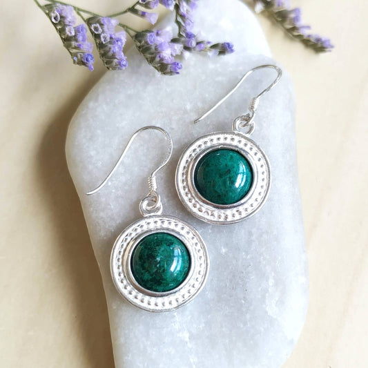 Eilat Stone Silver dangle Earrings, Green gemstone Earrings, King Solomon mine stone minerals, Israeli jewelry, Malachite round Earrings