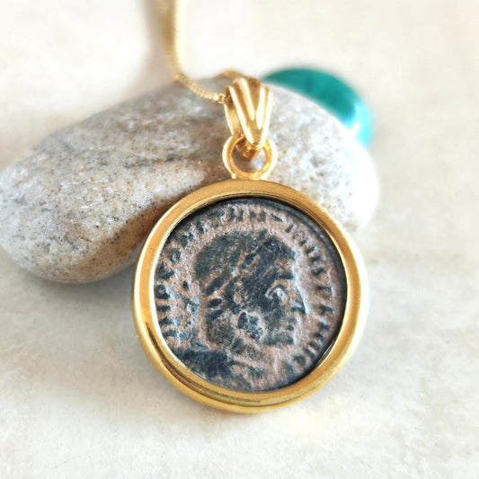 Authentic Certified Roman coin necklace, Antique Emperor Constantine the Great Gold Plated medallion, Vintage coin Pendant, unisex gift idea