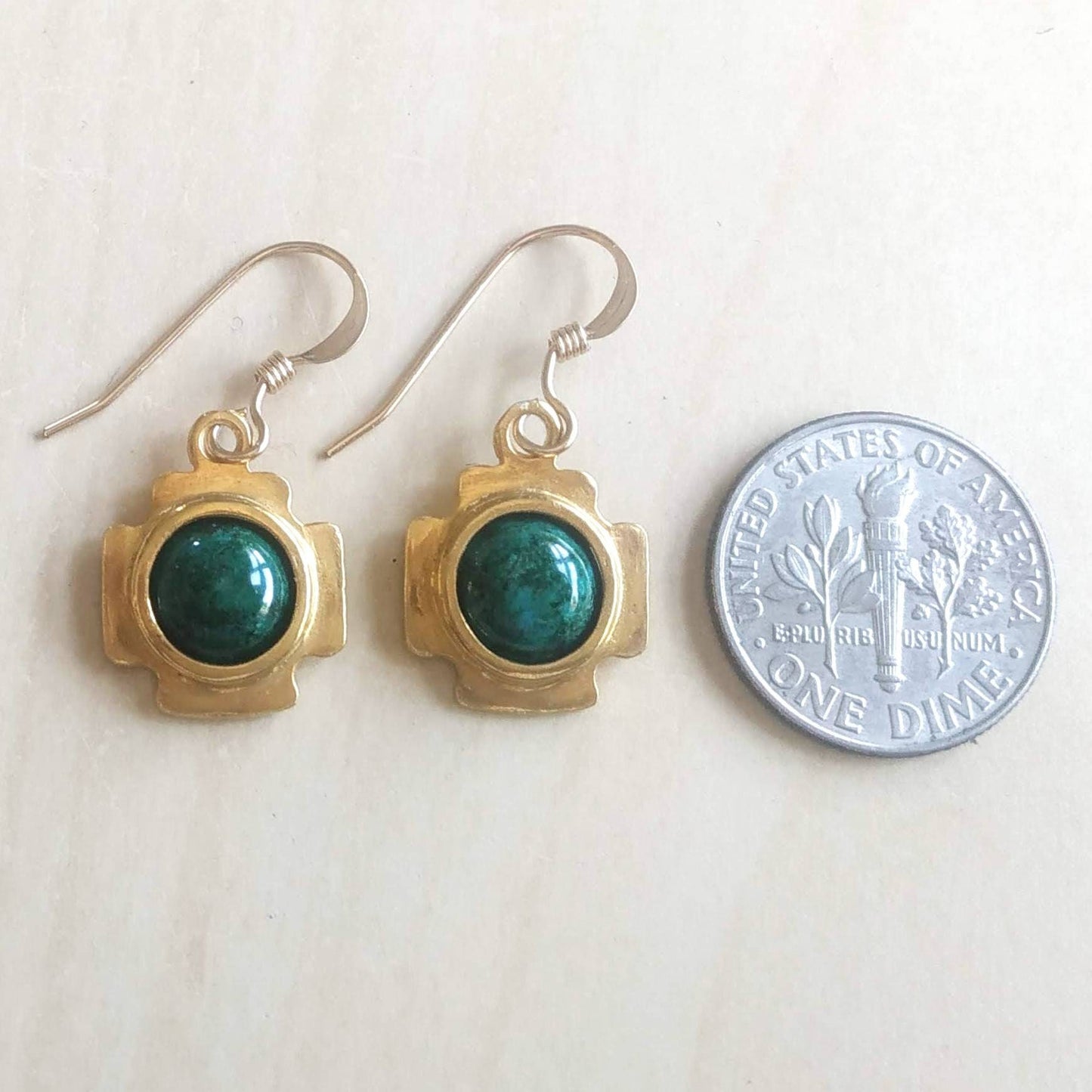 Jerusalem Cross Eilat Stone Dangle Earrings, Christian Gold Plated Gemstone Earrings, Green Malachite Chrysocolla Cabochon, Israeli Jewelry