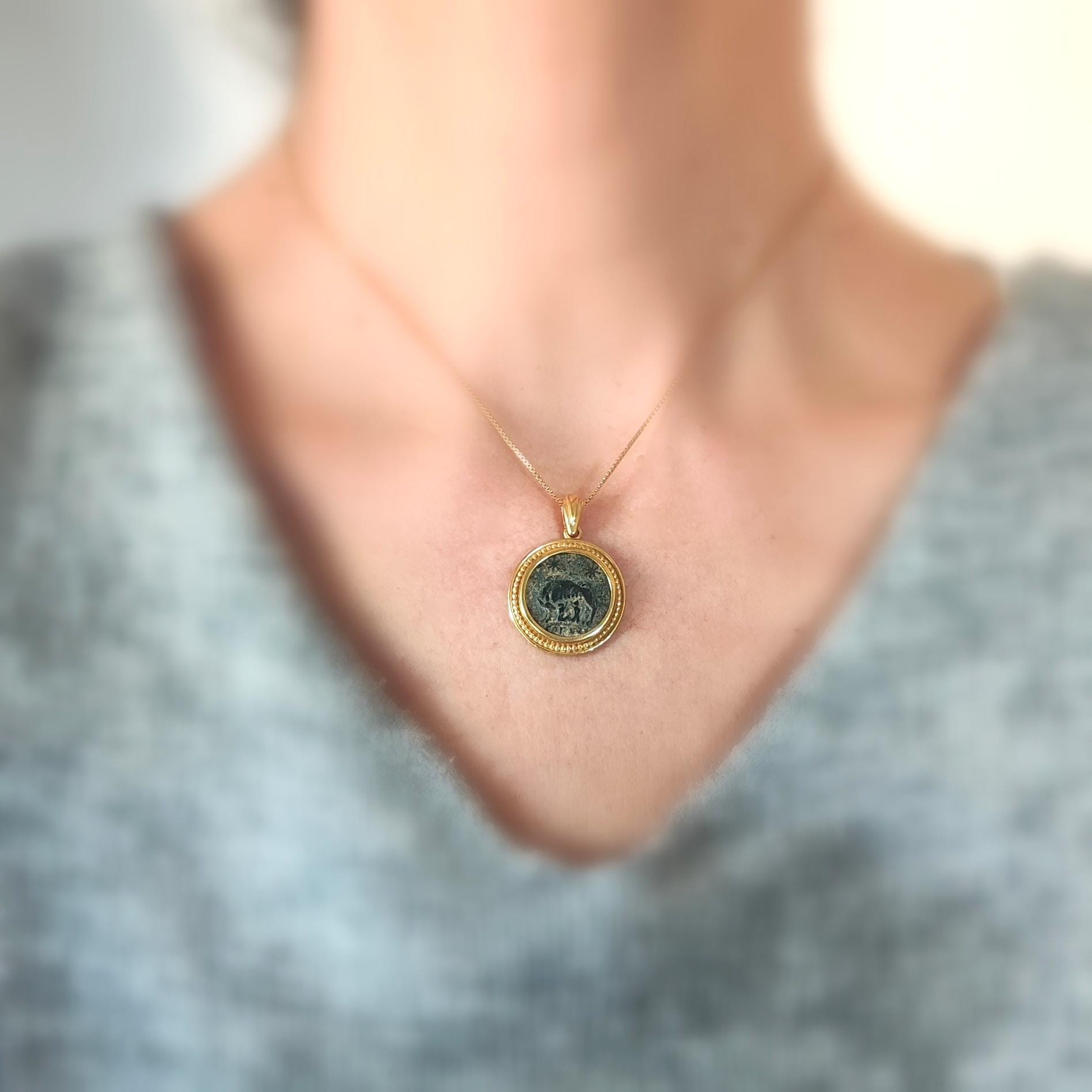Romulus and Remus Coin Necklace: Ancient Roman Wolf Medallion, 18K Gold Plated Barr Designs