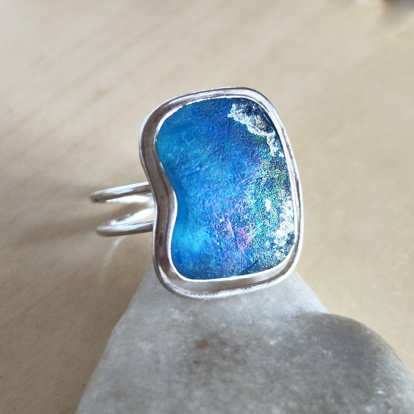 Ancient Roman Glass Silver Adjustable Ring, Iridescent Roman Glass Ring, Blue Pink Glass ring, Israel holy land jewelry