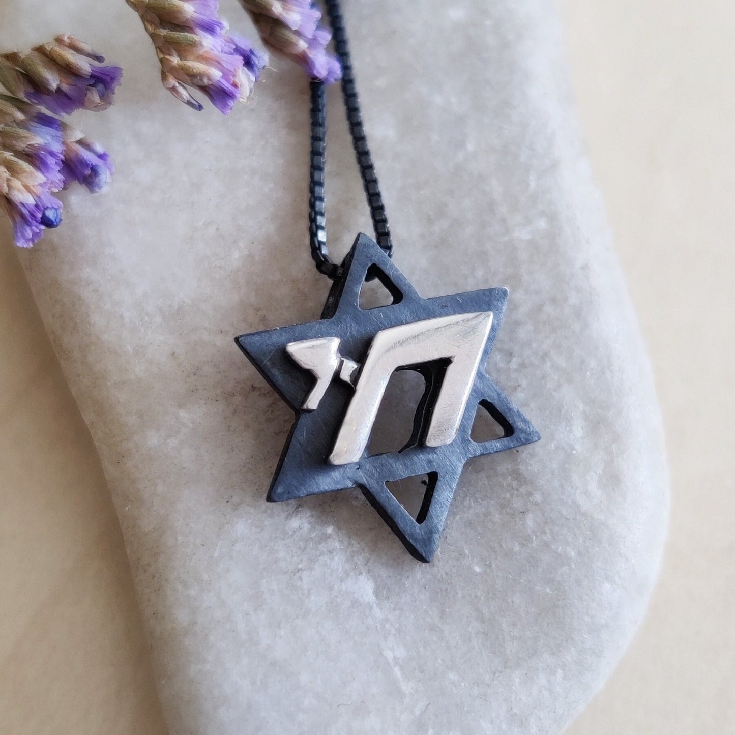Hebrew Necklace, Chai Life Star Of David Necklace, Two Tone Silver Pendant, Jewish men gift, Israelite Gift, Judaica jewelry, Jewish Jewelry