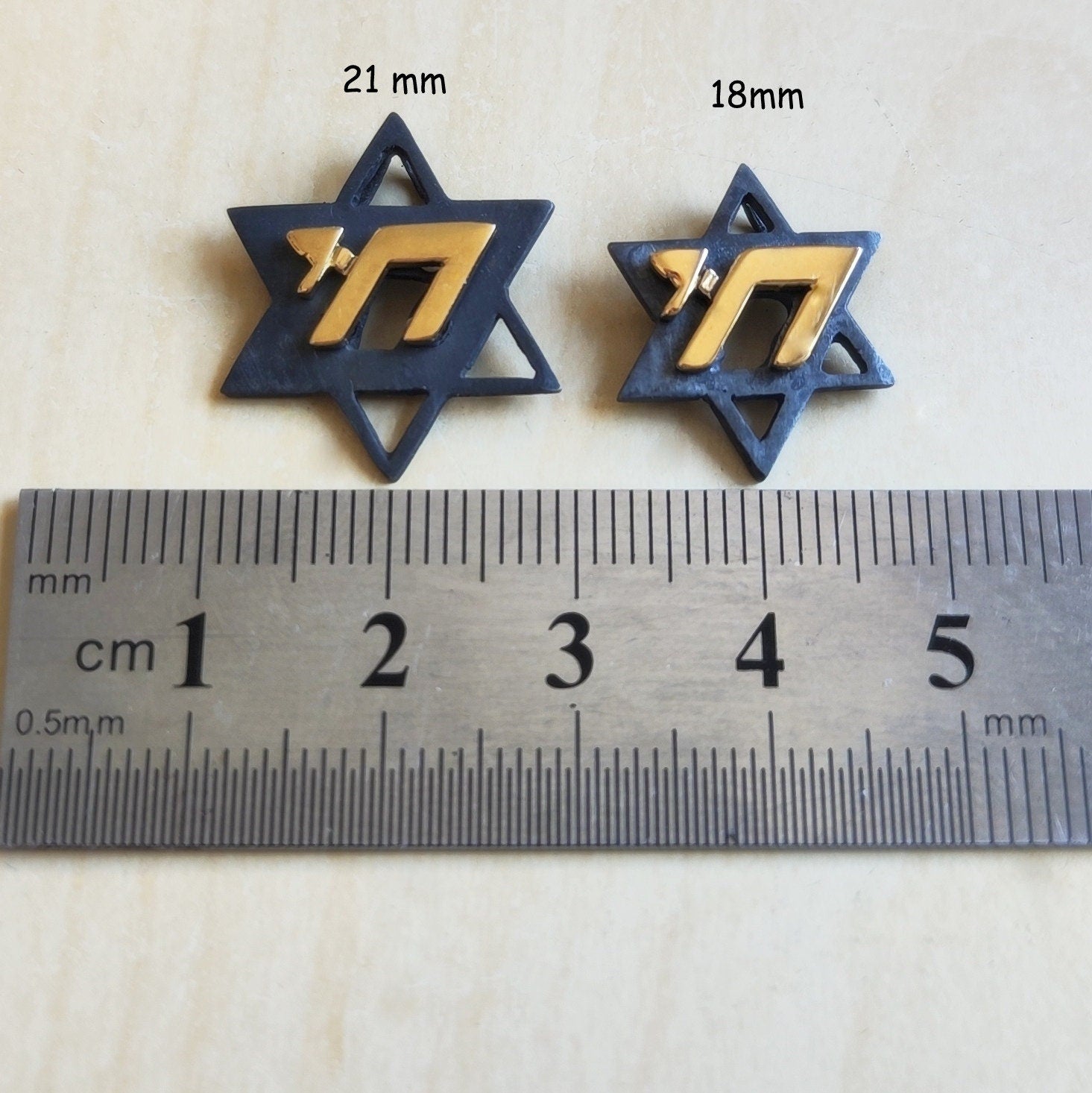 Star of David Chai Necklace, Two Tone Oxidized Silver Gold Jewish Pendant, Hebrew Gift Barr Designs