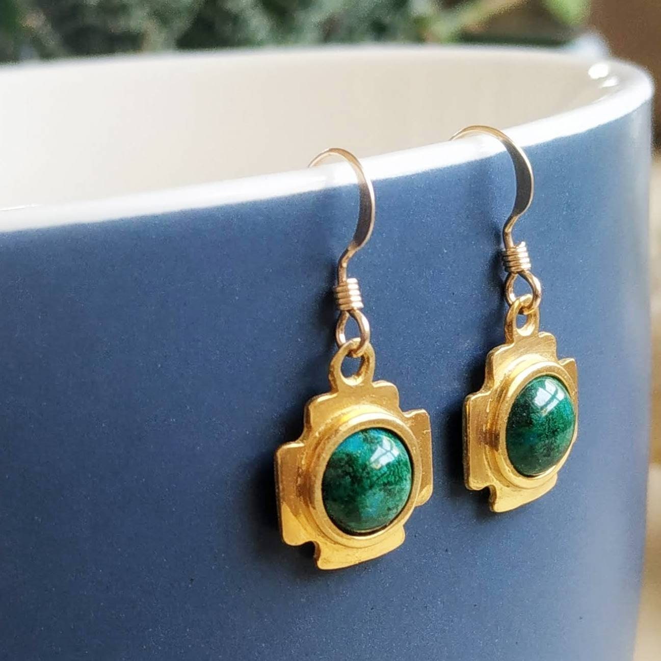 Jerusalem Cross Eilat Stone Dangle Earrings, Christian Gold Plated Gemstone Earrings, Green Malachite Chrysocolla Cabochon, Israeli Jewelry