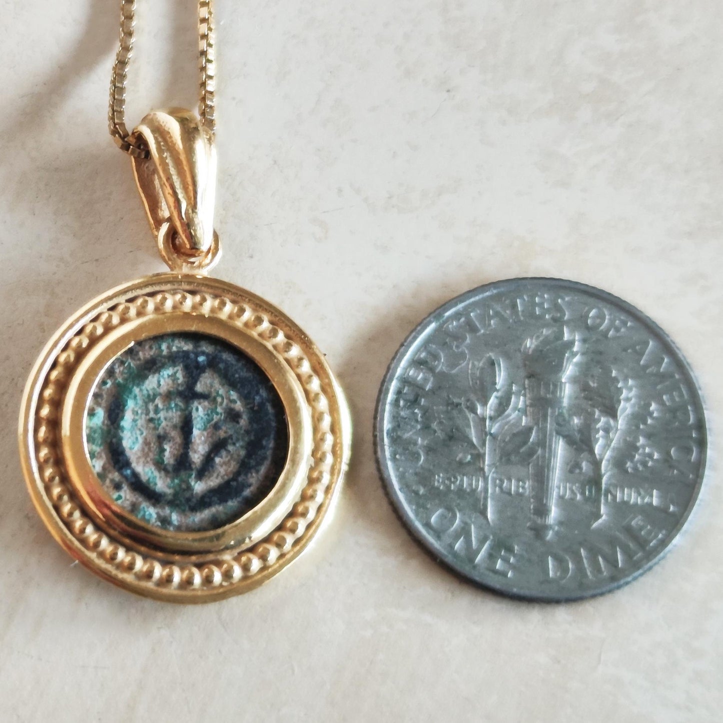 Antique widow's mite coin necklace, Biblical Coin Medallion, Ancient Judea bronze Prutah, Christian Jesus jewelry