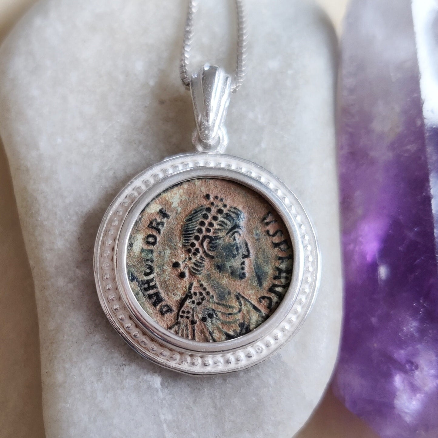 Certified Antique Roman Coin of Emperor Honorius set in Silver Pendant, Constantine Coin Medallion, Christian Vintage gift