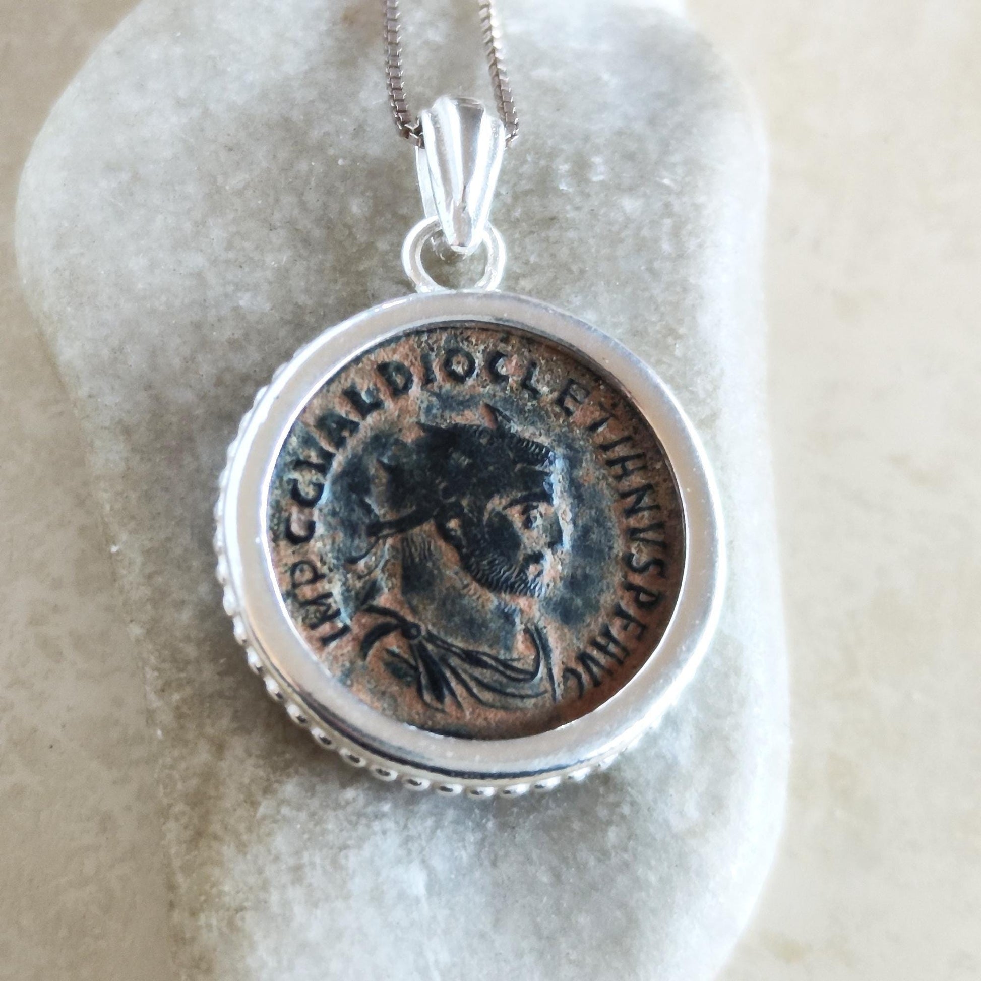 Authentic Certified Roman Emperor Diocletian Coin Necklace, Antique Silver Unisex Medallion Barr Designs