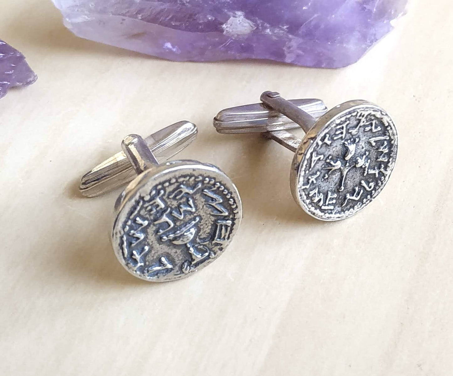 Ancient coin cufflinks, silver half shekel temple tribute coin, Jewish revolt Judea coin replica cufflinks, men's gift idea, Israeli jewelry