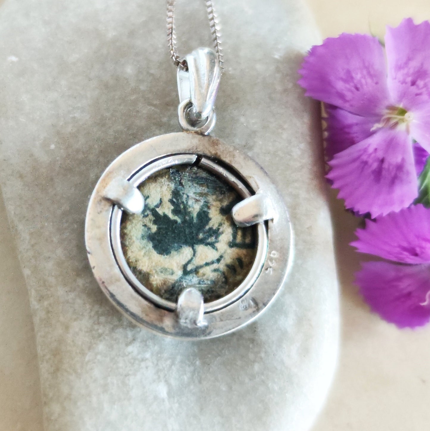 Antique Jewish Revolt Masada Coin Silver Necklace, Ancient Jerusalem Second Temple Bronze Prutah Pendant, Roman Amphora Grape Vine Medallion