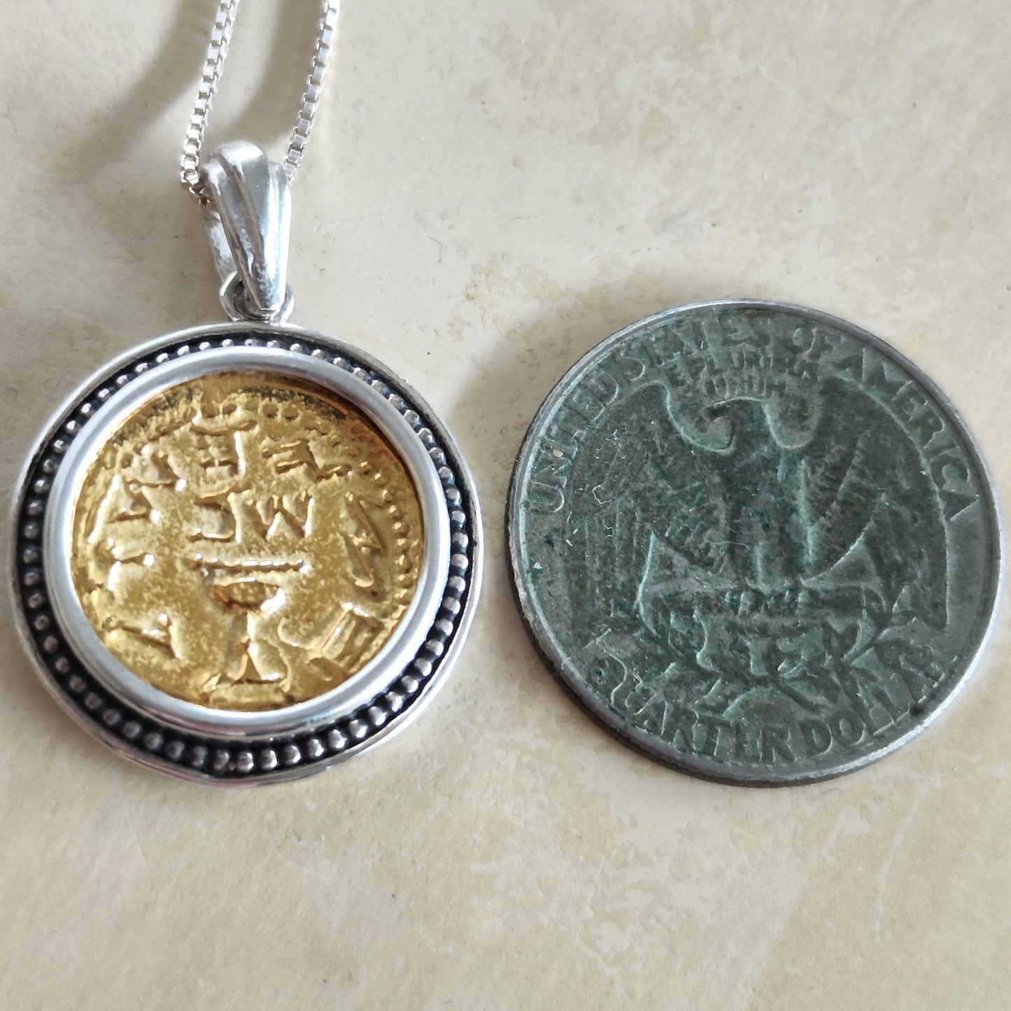 Jewish Revolt Half Shekel Replica Coin Pendant: Gold Plated Sterling Silver Necklace Barr Designs