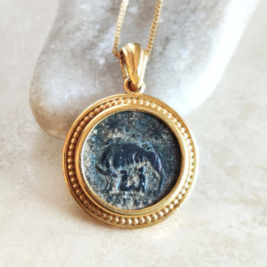Roman Emperor Constantine Wolf Coin Necklace, Ancient Romulus & Remus bronze Coin medallion, History Buff Charm