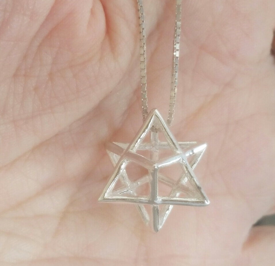 Merkaba charm necklace, sterling silver Star tetrahedron, unisex necklace, mer ka ba for meditation, new age jewelry, merkaba pendant