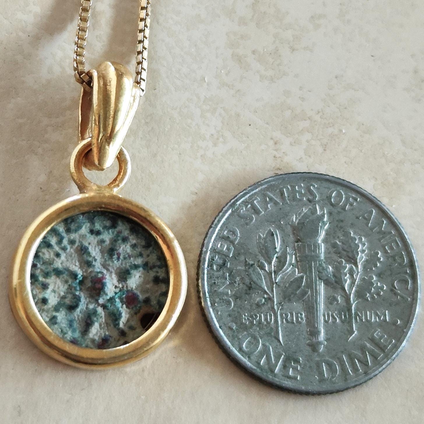 Christian Widow's Mite Coin Dainty Pendant, Antique Bible Coin Small Necklace, Gold Plated Charm Barr Designs